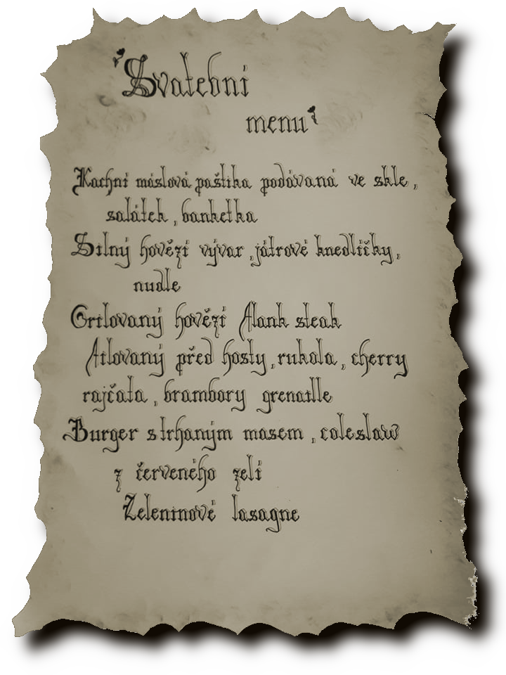 ručně psané menu pro slavnostní tabuli